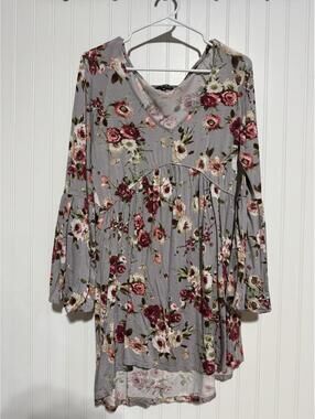Poof New York Floral Babydoll Tunic Top Mini Dress Womens 1X Grey Bell Sleeve